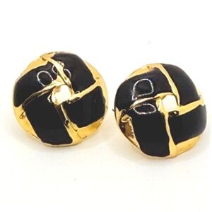Fab Vintage Black and Gold-Tone Enamel Earrings 1990's Pierced‎ Square Knot